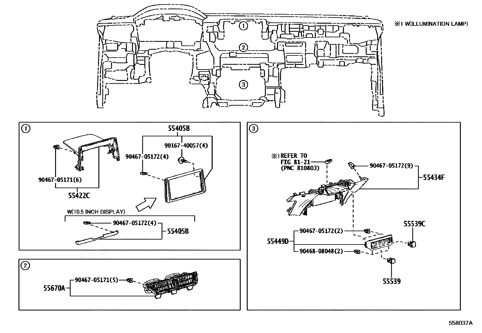 Toyota COROLLA 仪表板和手套箱 EPC diagram — 558037A
