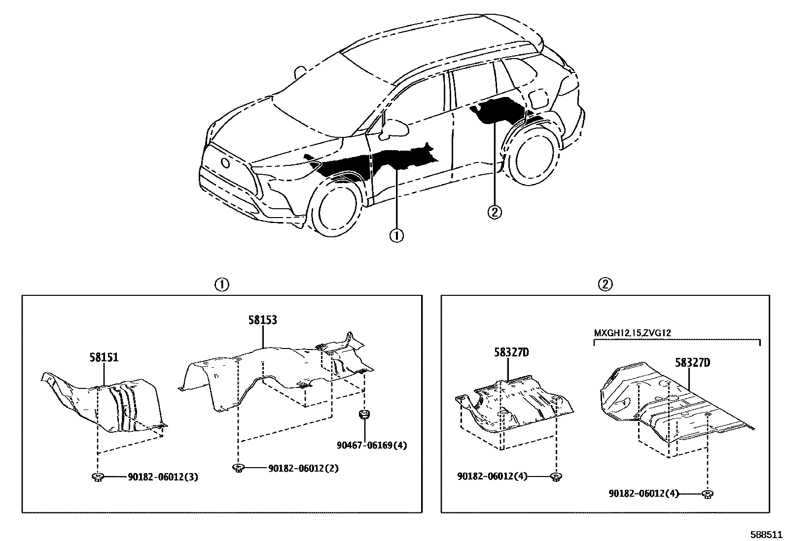 Toyota COROLLA 地板隔热垫 EPC diagram — 588511