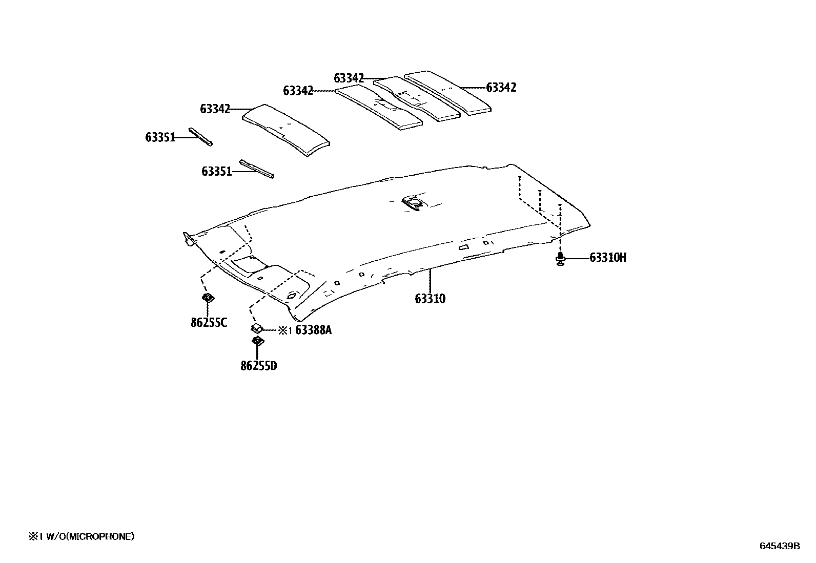 Toyota COROLLA 车顶内衬和消声垫 EPC diagram — 645439B