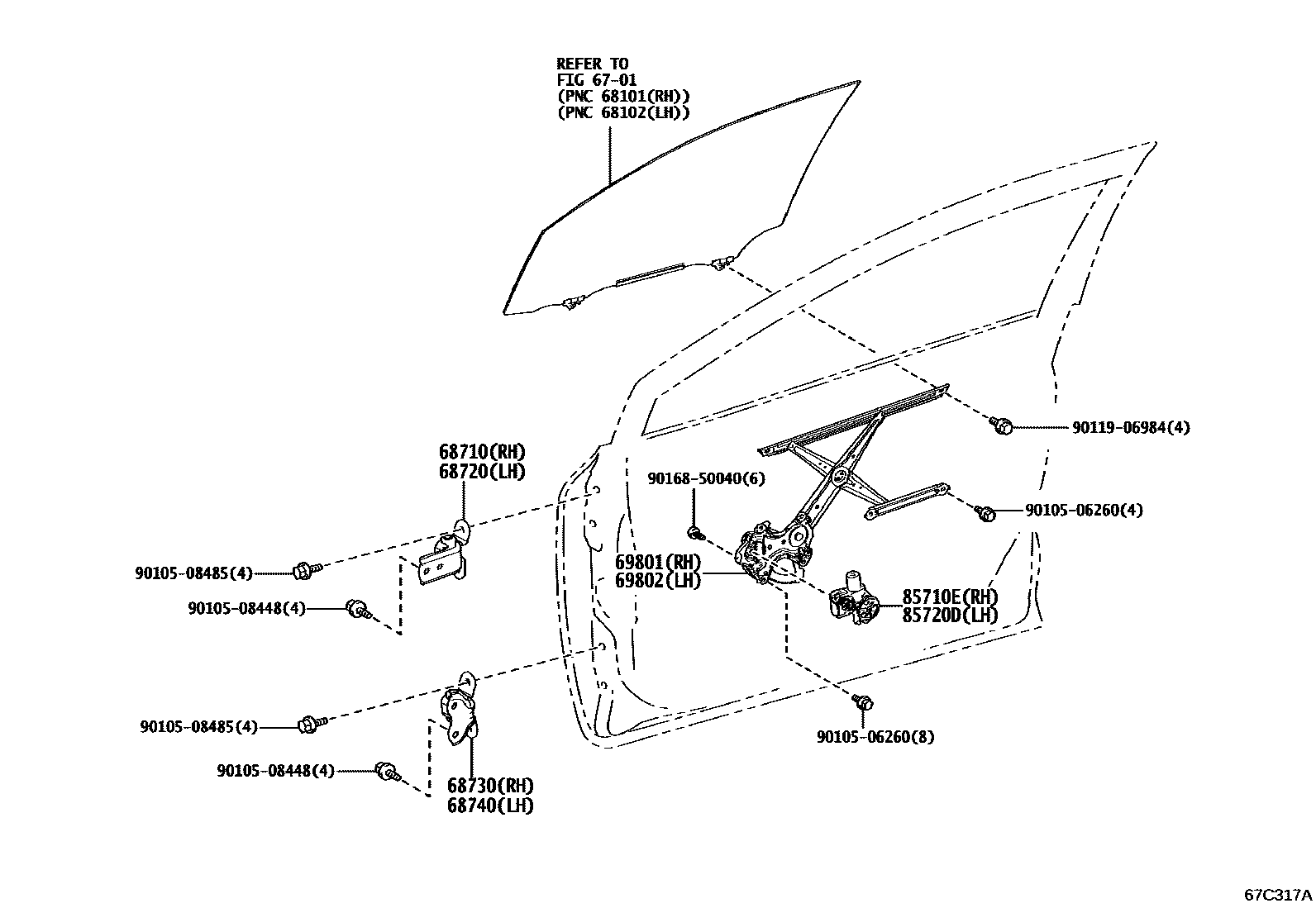 Toyota COROLLA 前门车窗升降器和合页 EPC diagram — 67C317A