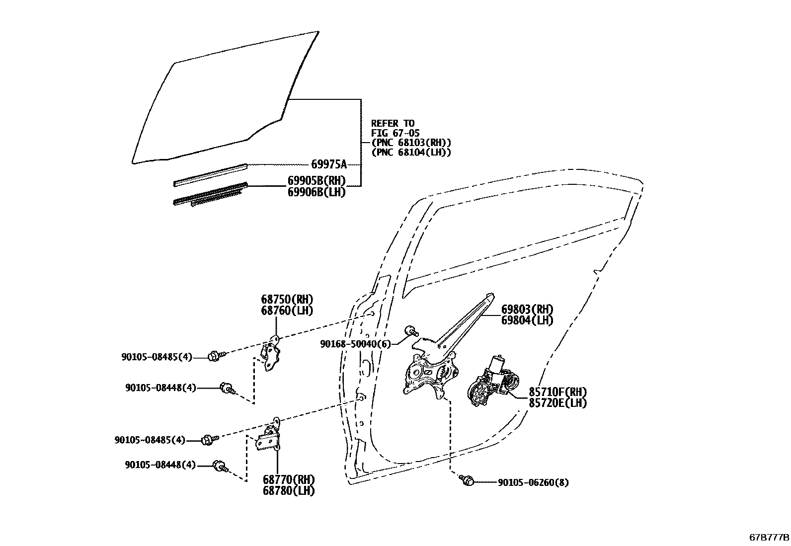 Toyota COROLLA 后门车窗升降器和合页 EPC diagram — 67B777B