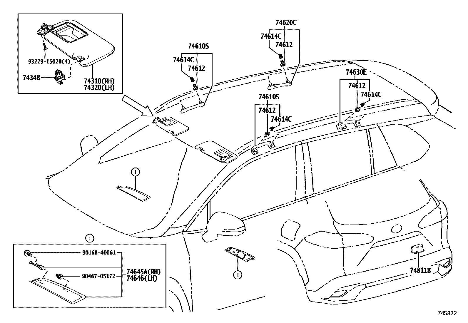 Toyota COROLLA 扶手和遮阳板 EPC diagram — 745822