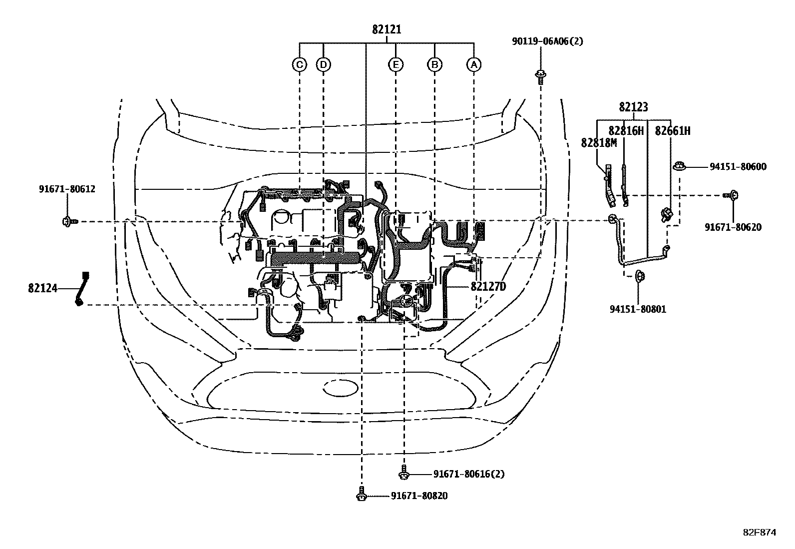 Toyota COROLLA 线束和卡夹 EPC diagram — 82F874