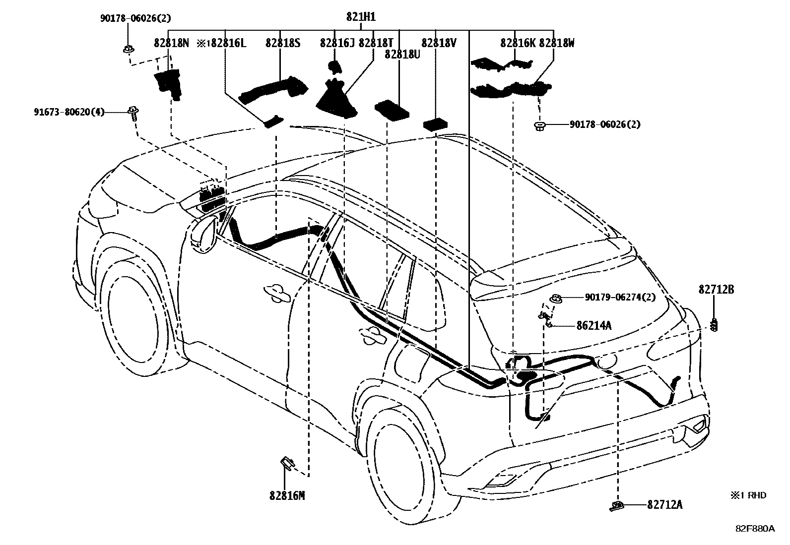 Toyota COROLLA 线束和卡夹 EPC diagram — 82F880A