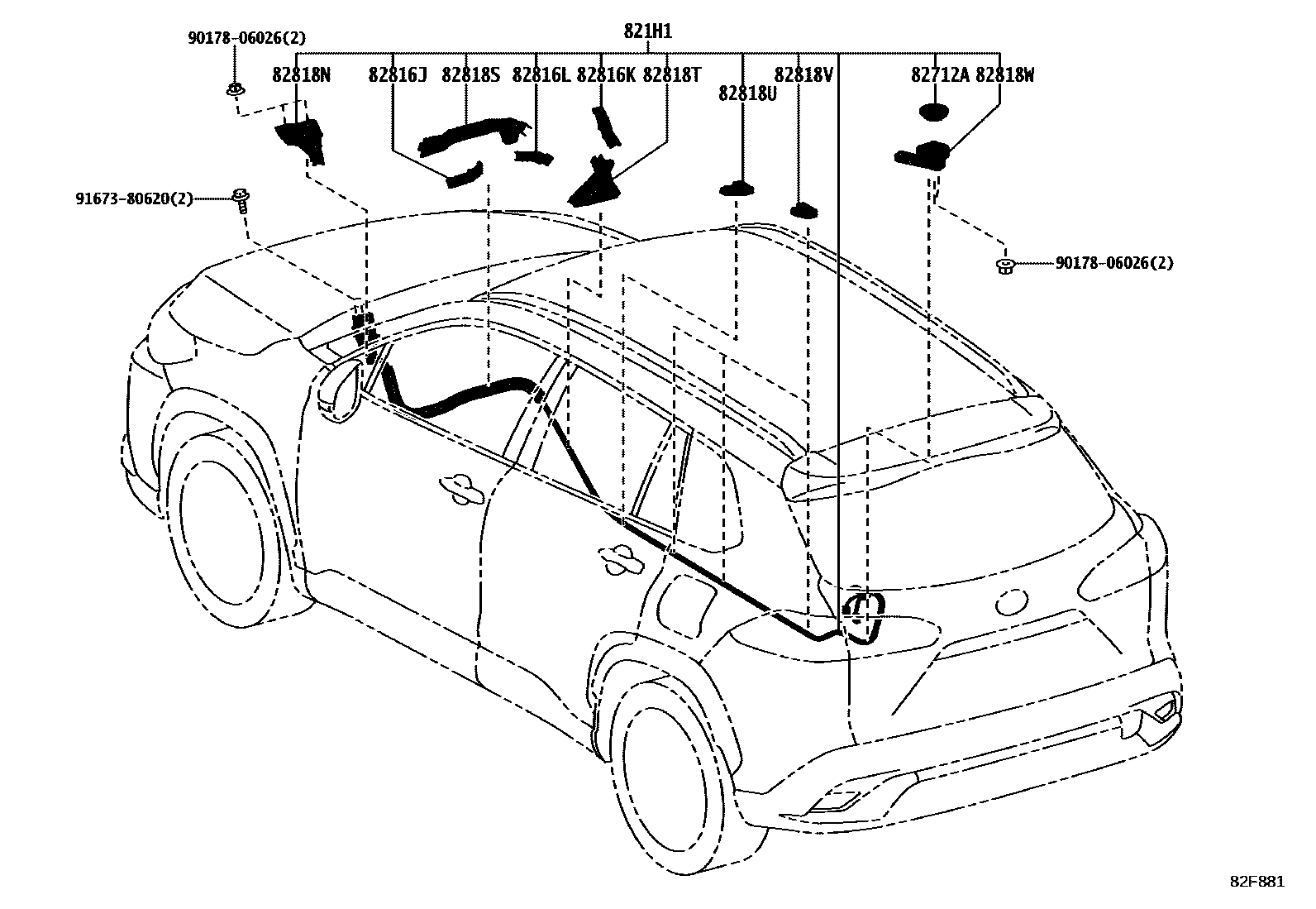 Toyota COROLLA 线束和卡夹 EPC diagram — 82F881