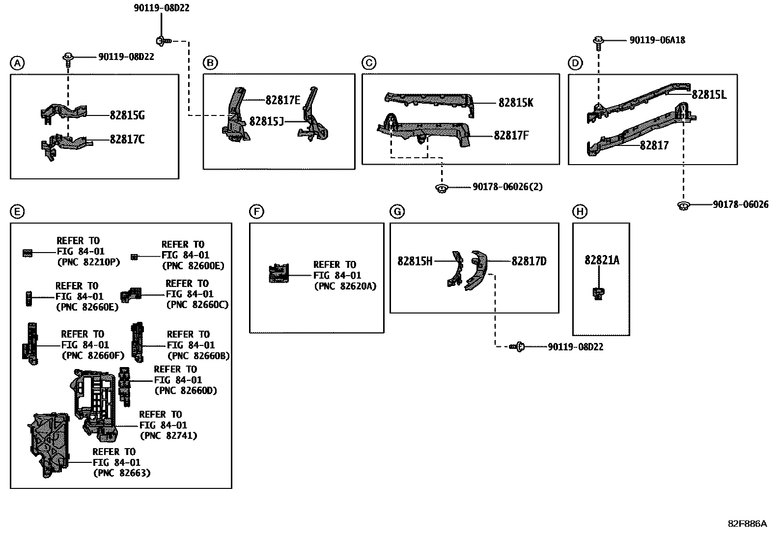 Toyota COROLLA 线束和卡夹 EPC diagram — 82F886C
