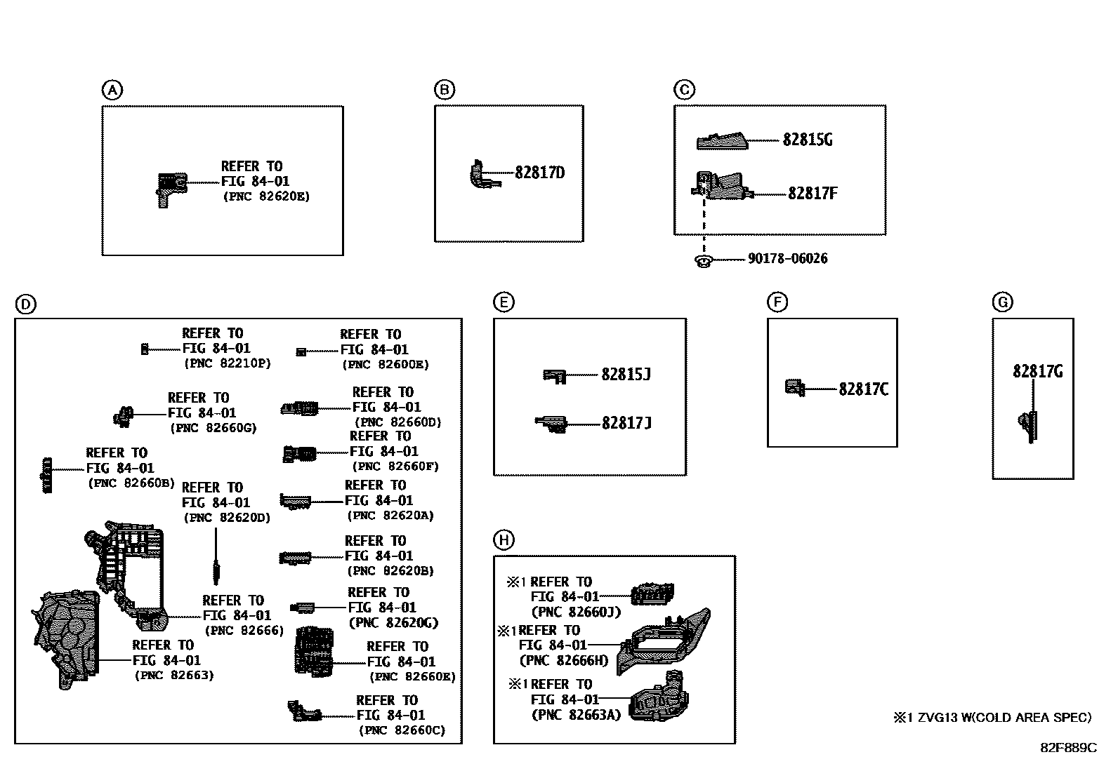 Toyota COROLLA 线束和卡夹 EPC diagram — 82F889D
