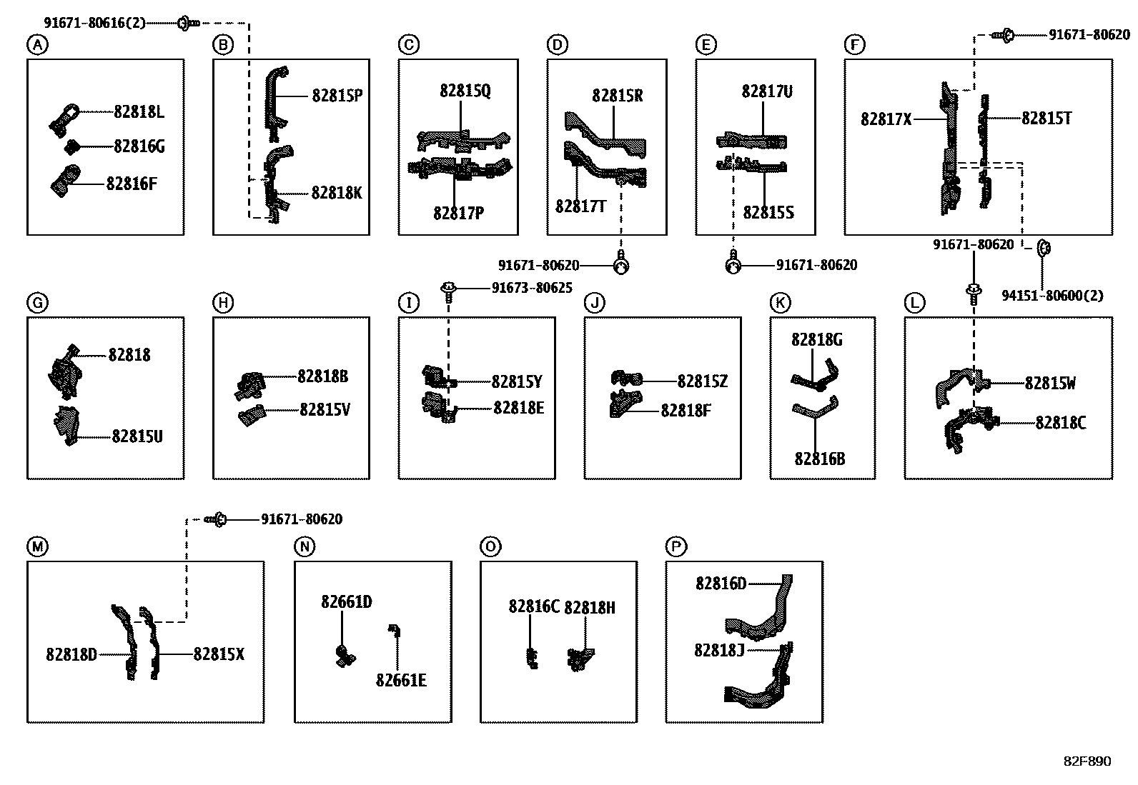 Toyota COROLLA 线束和卡夹 EPC diagram — 82F890