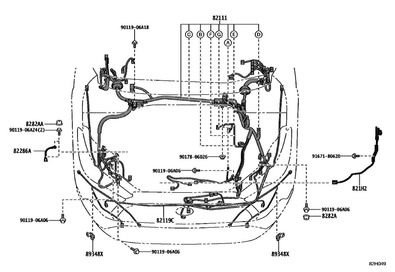 Toyota COROLLA 线束和卡夹 EPC diagram — 82H049