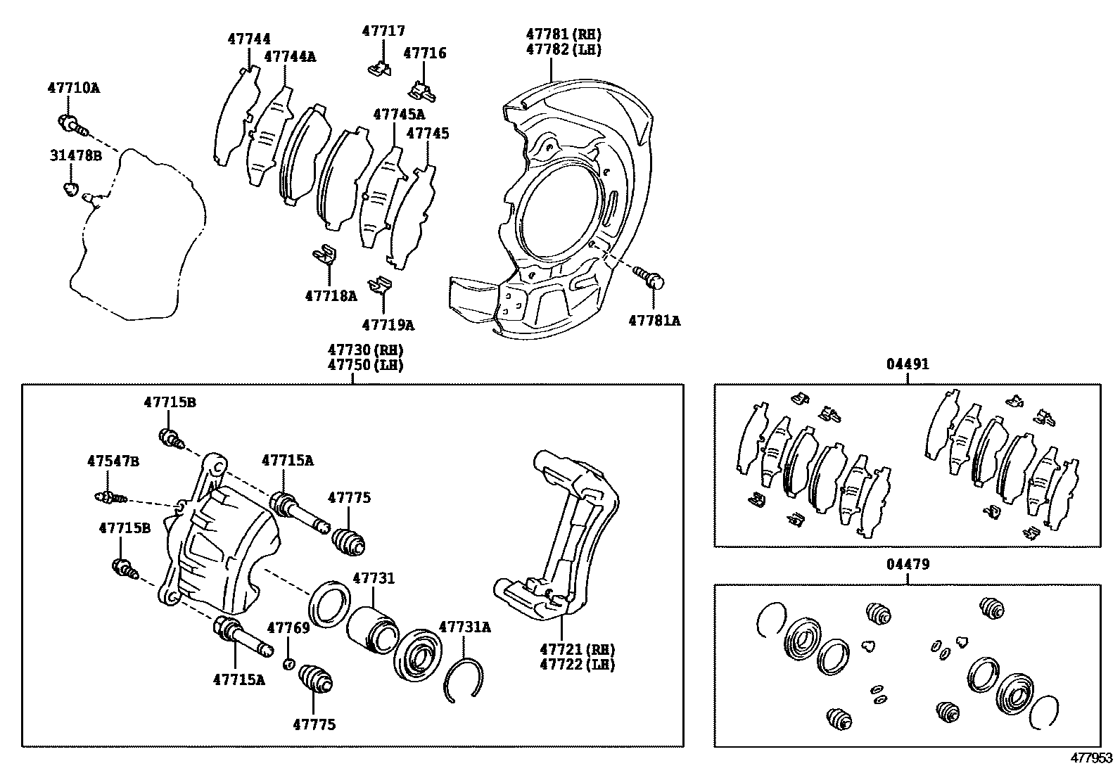 Toyota RAV4 前盘式制动器卡钳和防尘罩 EPC diagram — 477953