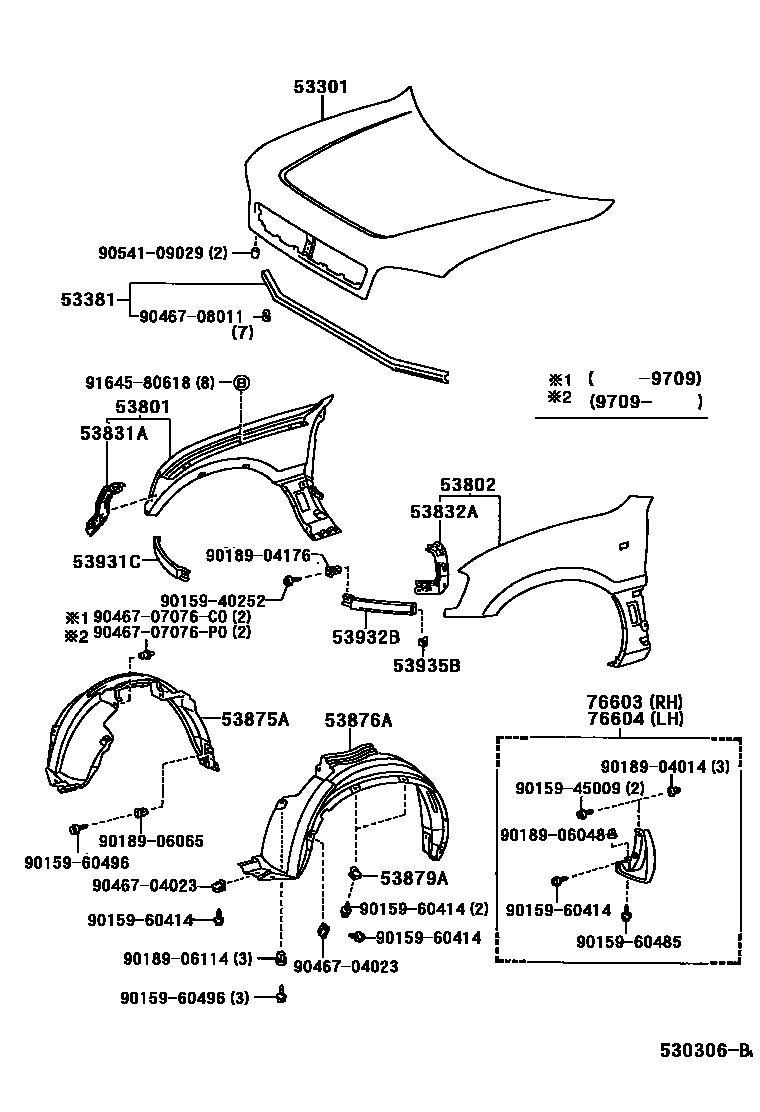 Toyota RAV4 发动机盖和前翼子板 EPC diagram — 530306B