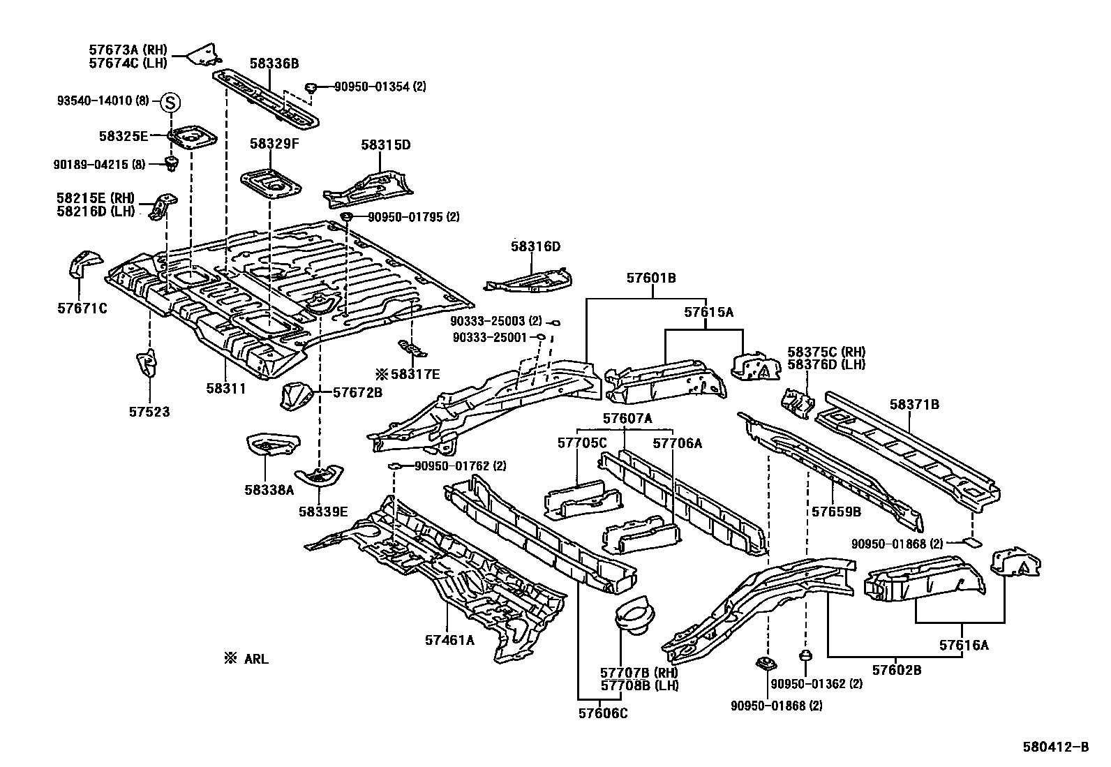Toyota RAV4 后地板和后地板梁 EPC diagram — 580412B