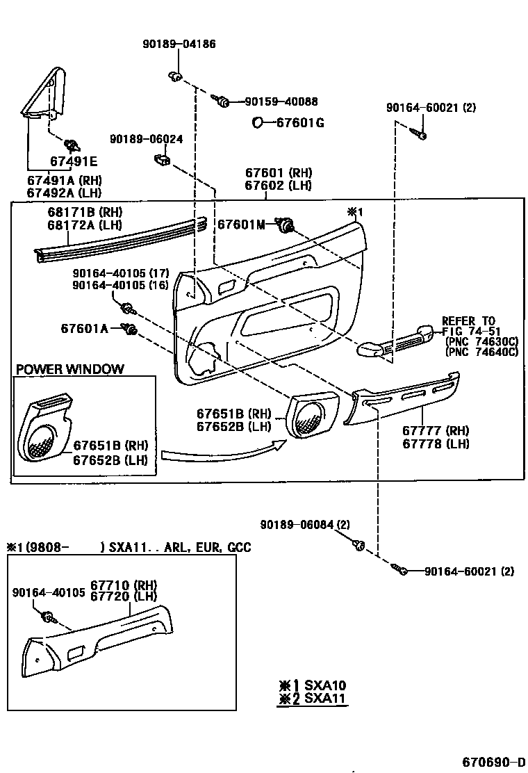 Toyota RAV4 前门板和前门玻璃 EPC diagram — 670690D