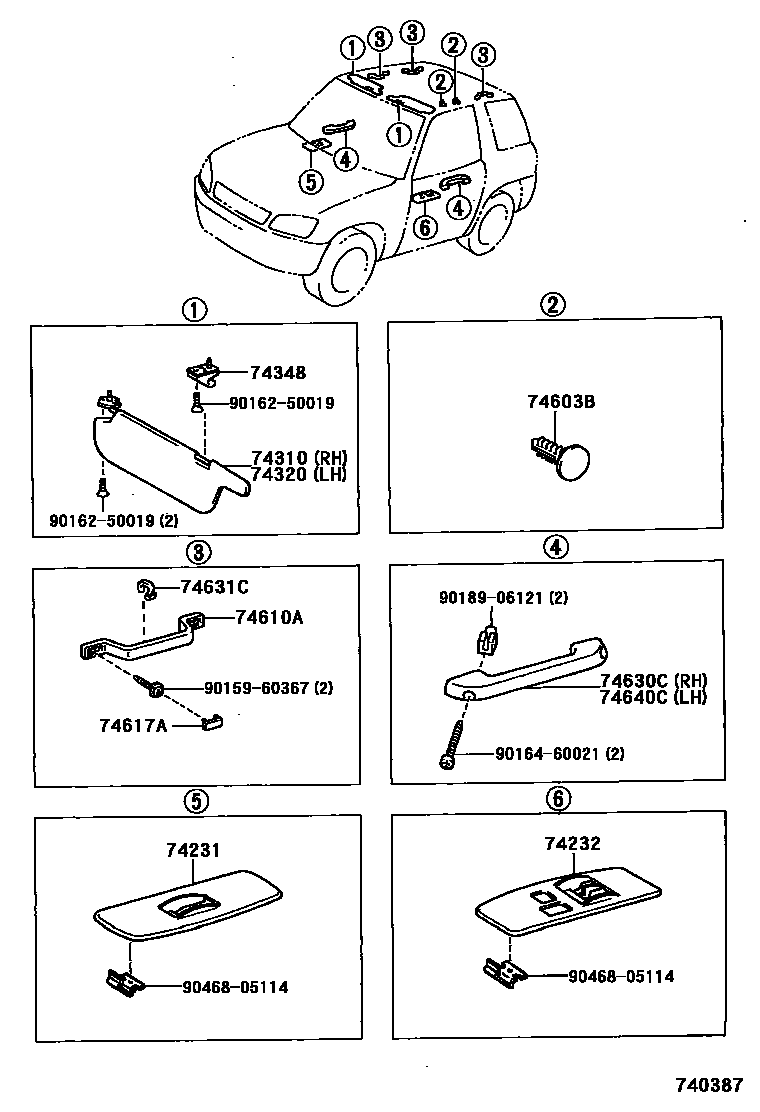 Toyota RAV4 扶手和遮阳板 EPC diagram — 740387