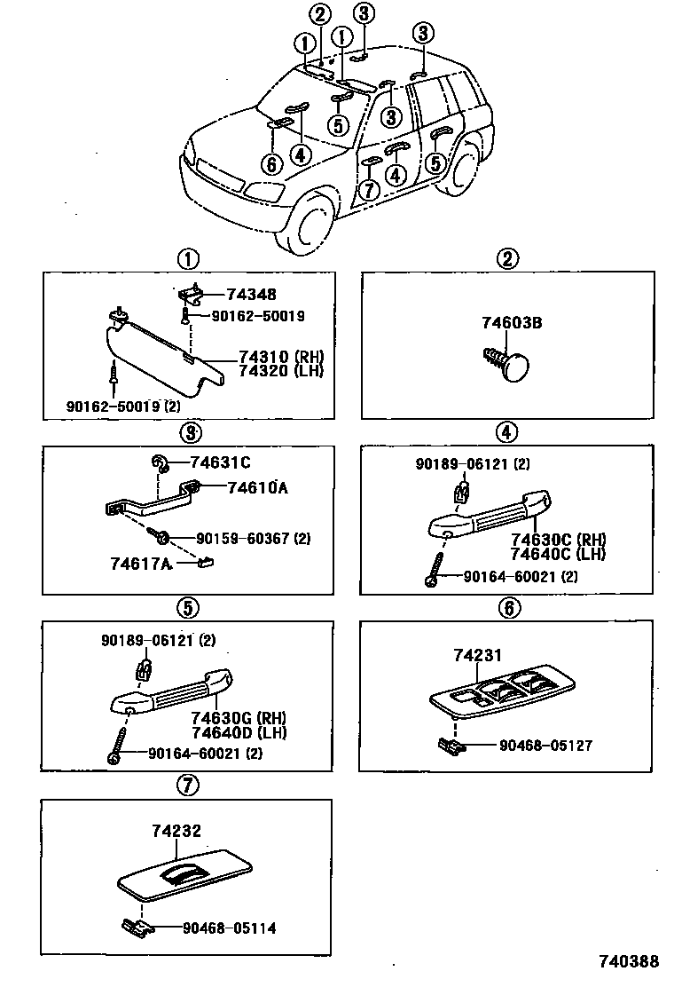 Toyota RAV4 扶手和遮阳板 EPC diagram — 740388