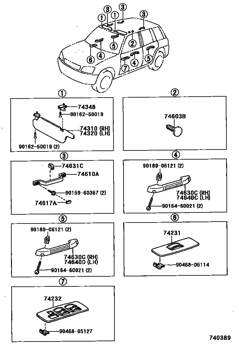 Toyota RAV4 扶手和遮阳板 EPC diagram — 740389