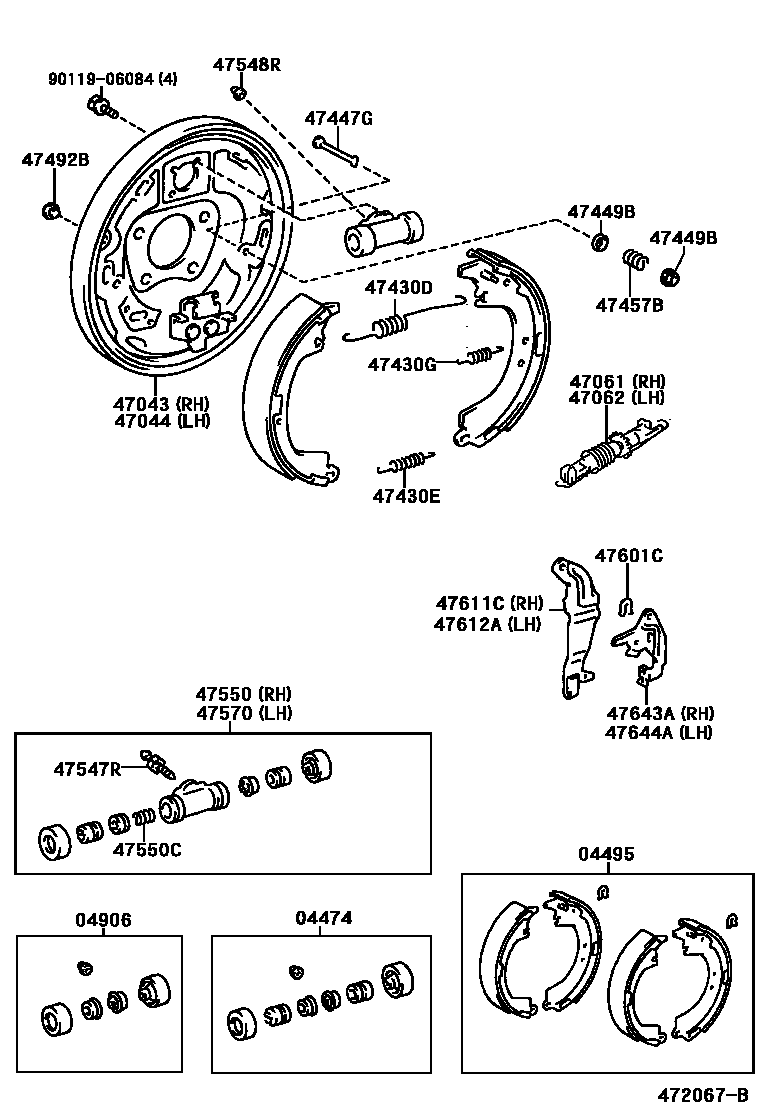 Toyota RAV4 后鼓式制动器分泵和底板 EPC diagram — 472067B