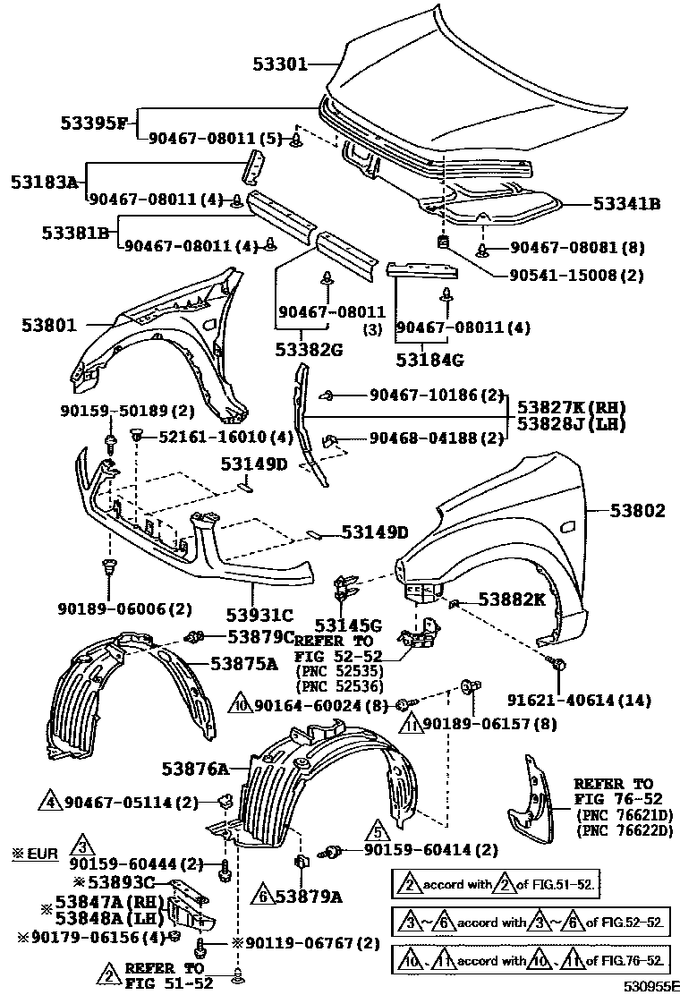 Toyota RAV4 发动机盖和前翼子板 EPC diagram — 530955E