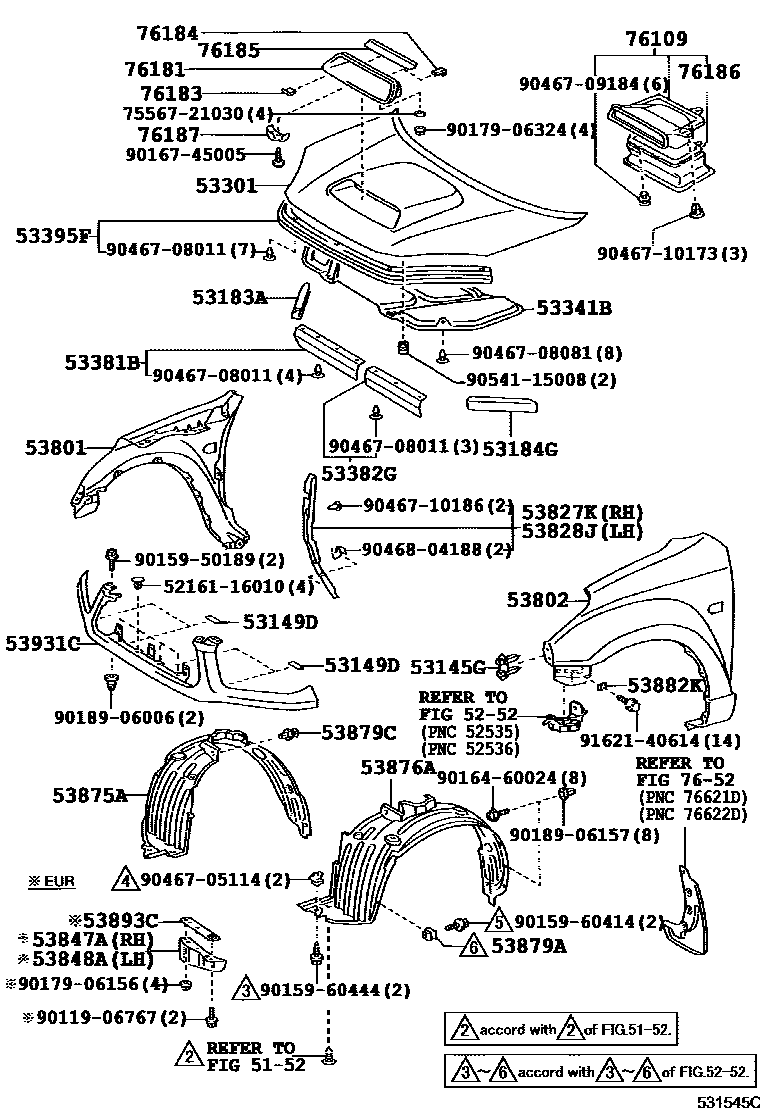 Toyota RAV4 发动机盖和前翼子板 EPC diagram — 531545C