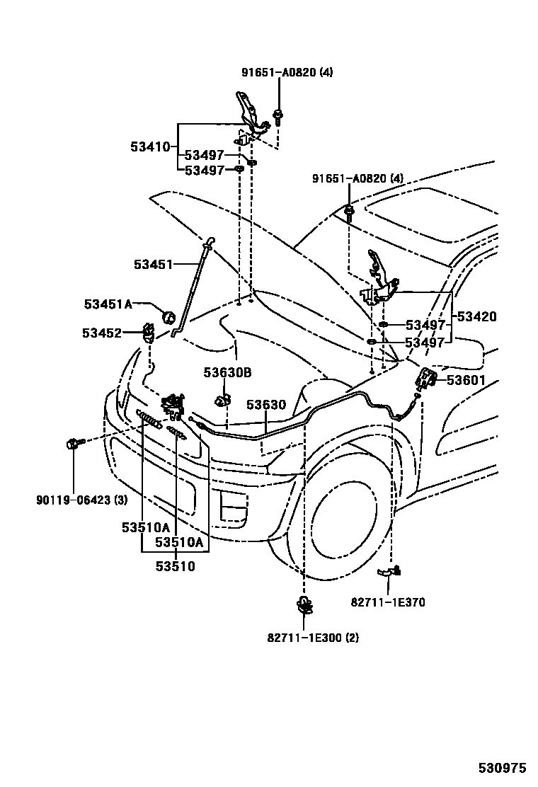 Toyota RAV4 发动机盖锁和铰链 EPC diagram — 530975