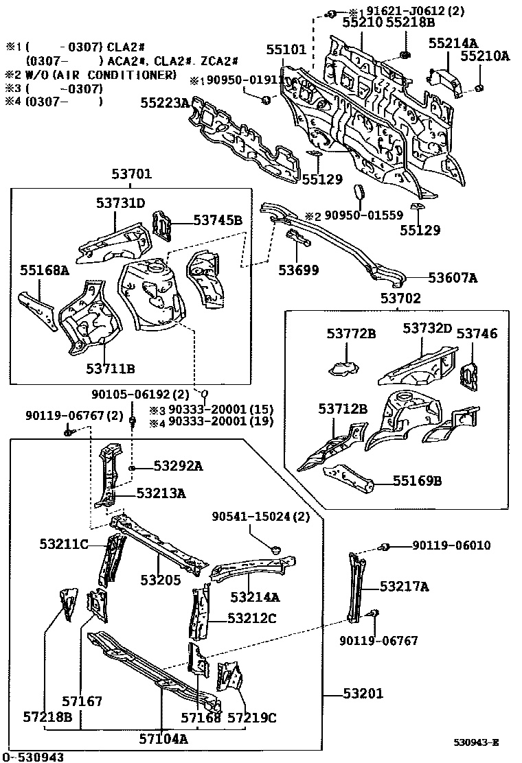 Toyota RAV4 前翼子板挡泥板和前围板 EPC diagram — 530943E