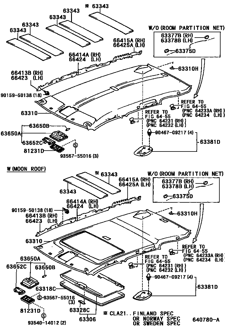 Toyota RAV4 车顶内衬和消声垫 EPC diagram — 640780A