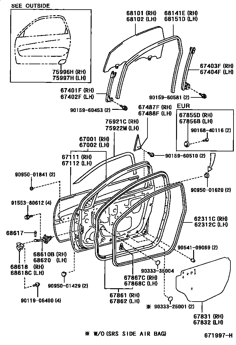 Toyota RAV4 前门板和前门玻璃 EPC diagram — 671997H