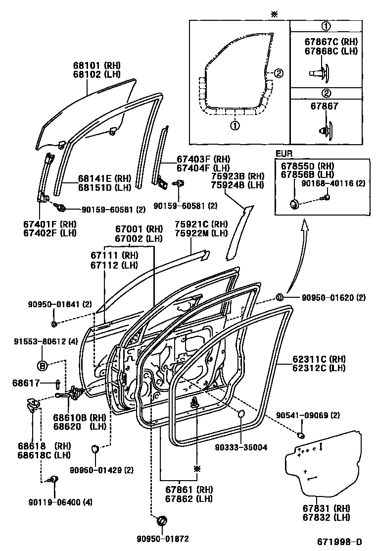 Toyota RAV4 前门板和前门玻璃 EPC diagram — 671998D