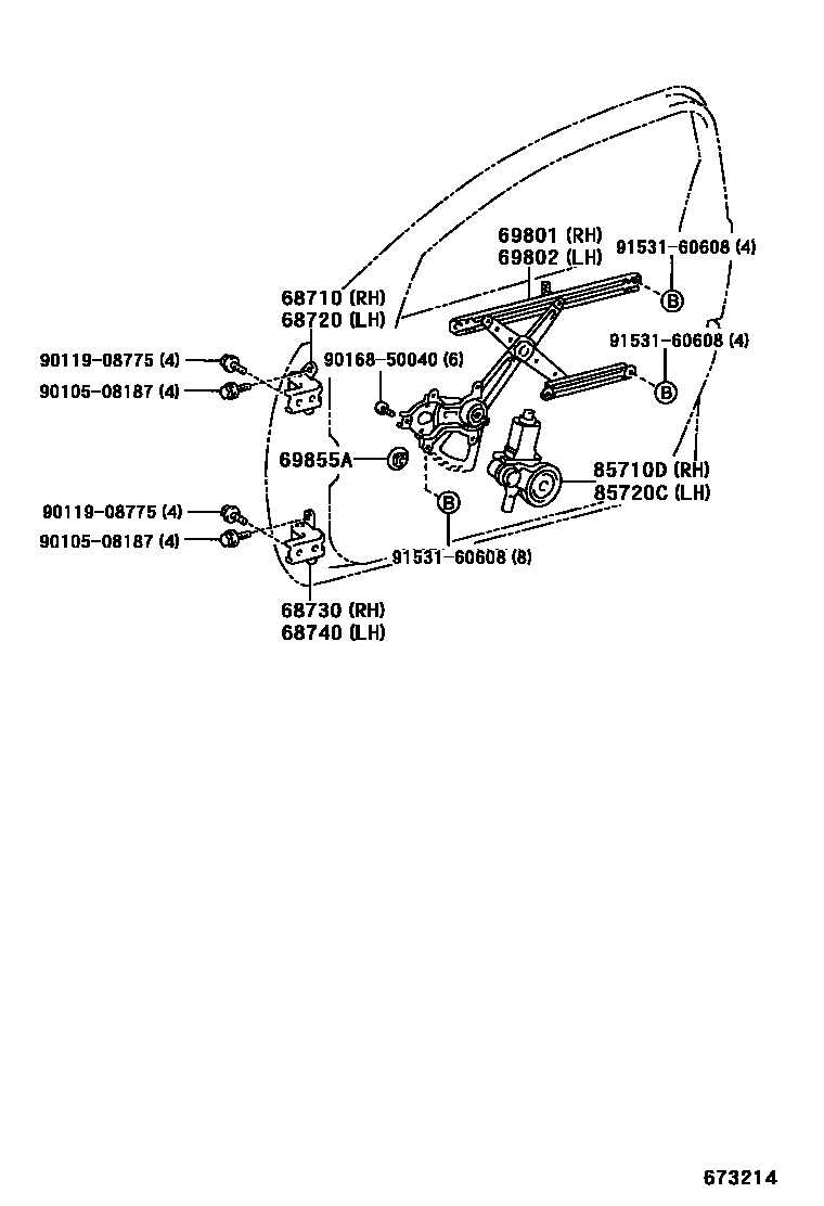 Toyota RAV4 前门车窗升降器和合页 EPC diagram — 673214