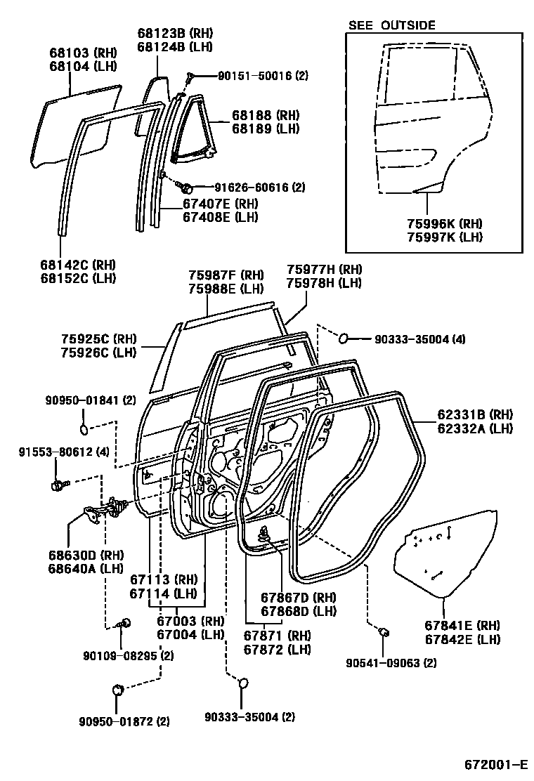 Toyota RAV4 后门板和后门玻璃 EPC diagram — 672001E