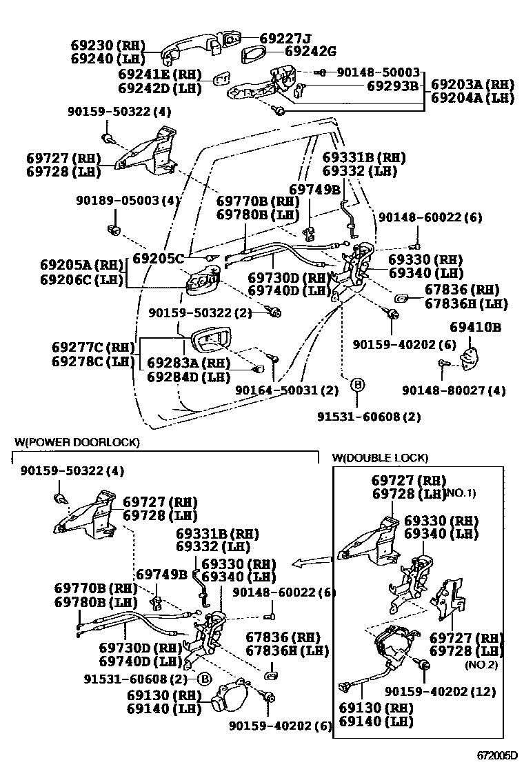 Toyota RAV4 后门锁和后门把手 EPC diagram — 672005D