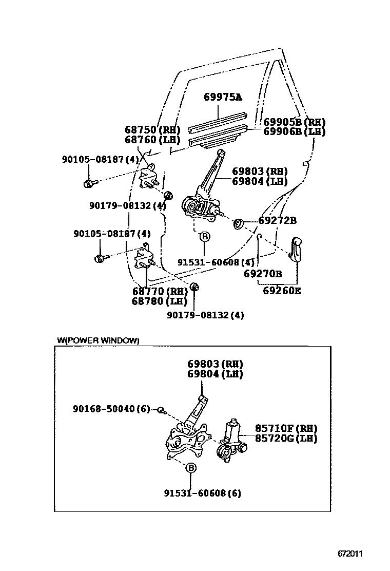 Toyota RAV4 后门车窗升降器和合页 EPC diagram — 672011C