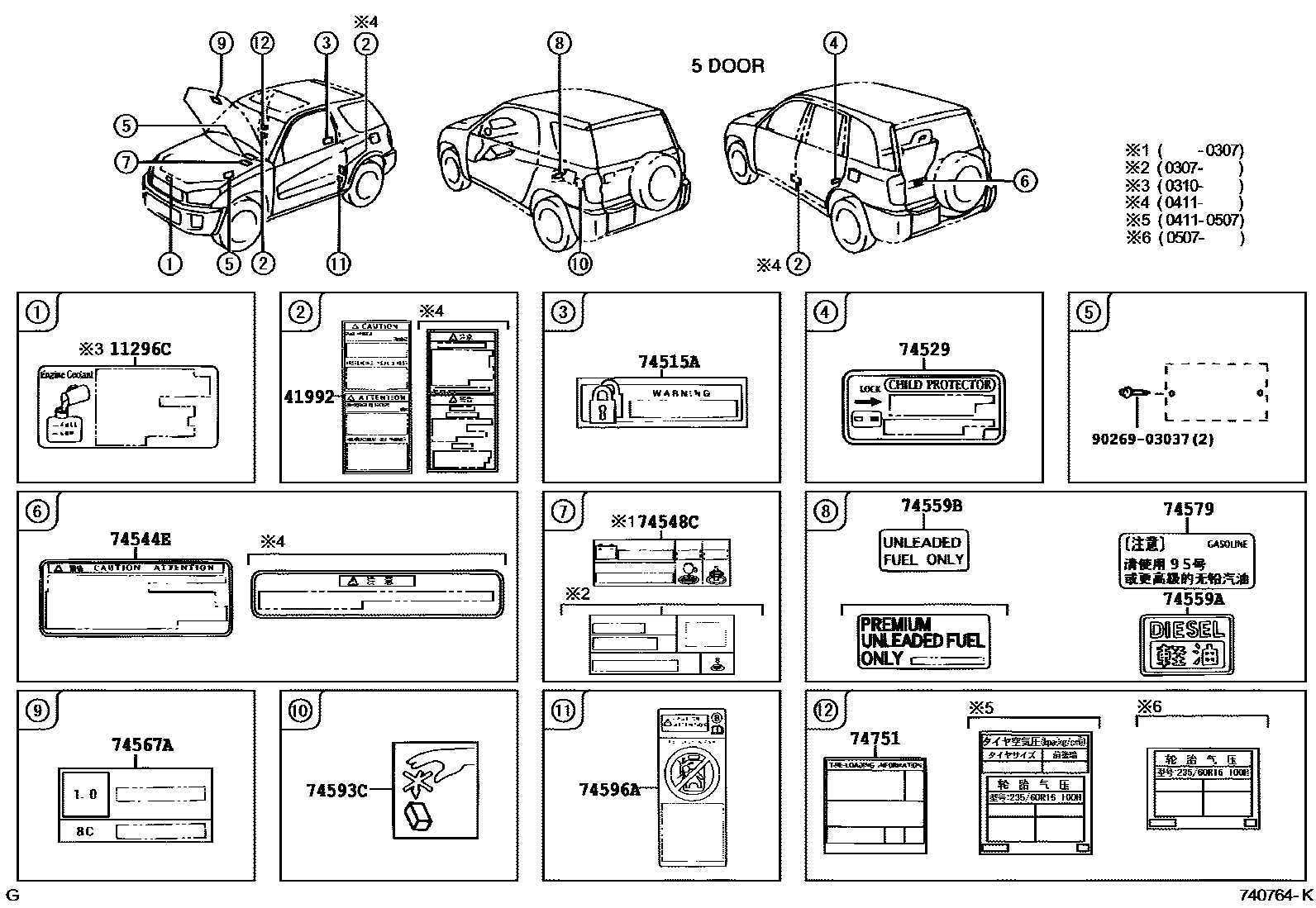 Toyota RAV4 warning nameplate EPC diagram — 740764K