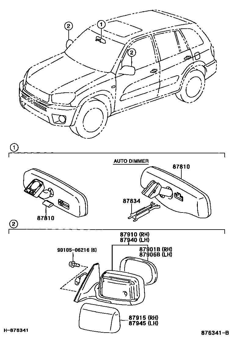 Toyota RAV4 后视镜 EPC diagram — 876341B