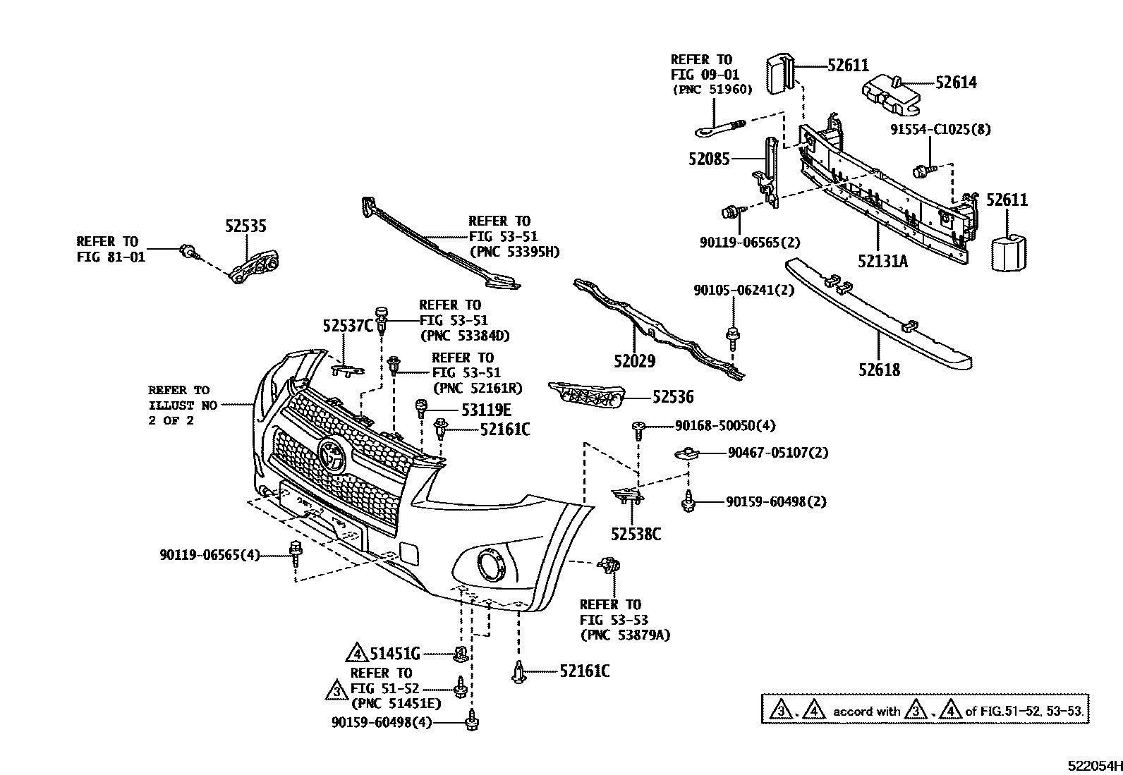 Toyota RAV4 前保险杠及附件 EPC diagram — 522054H