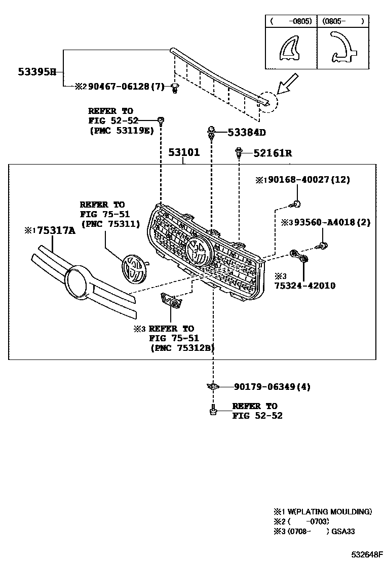 Toyota RAV4 radiator grille EPC diagram — 532648F
