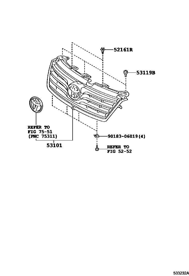 Toyota RAV4 radiator grille EPC diagram — 533232A