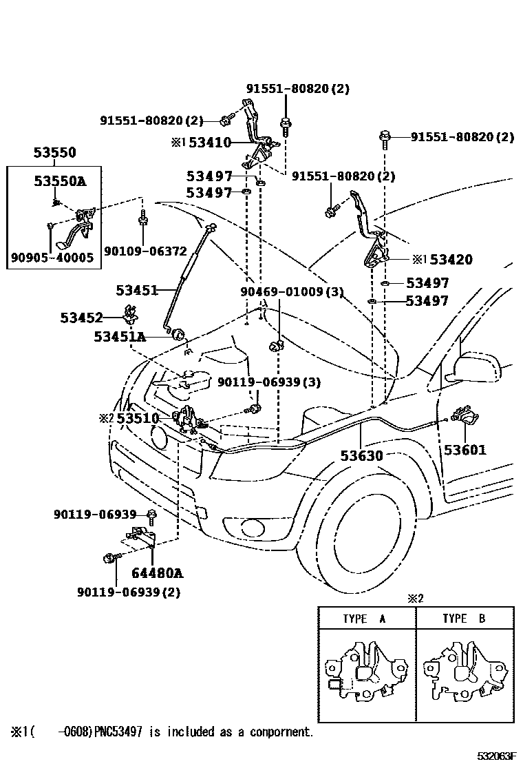 Toyota RAV4 发动机盖锁和铰链 EPC diagram — 532063F