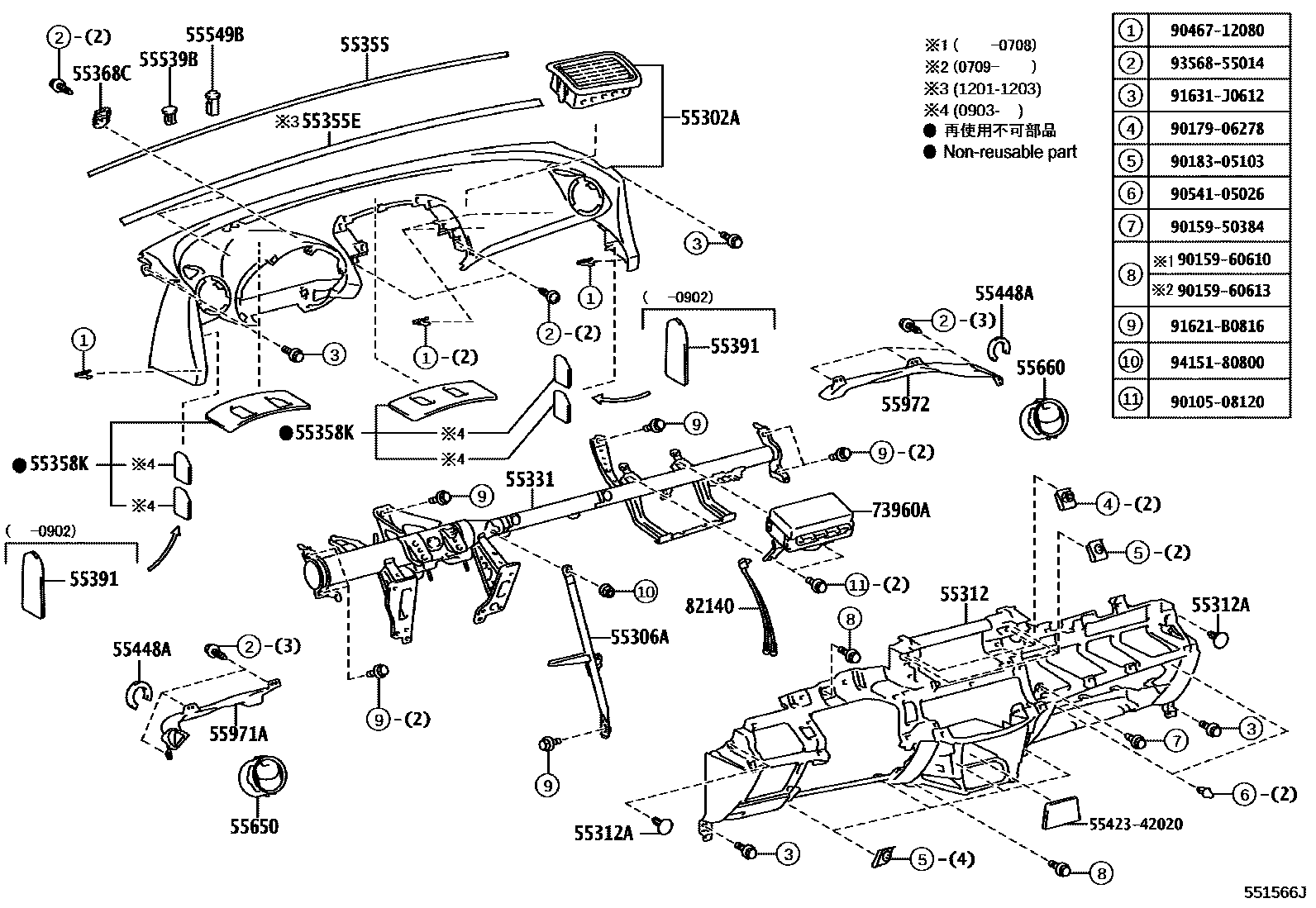 Toyota RAV4 仪表板和手套箱 EPC diagram — 551566J