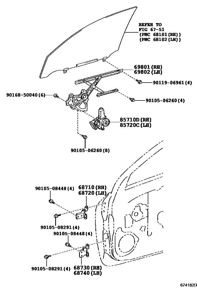 Toyota RAV4 前门车窗升降器和合页 EPC diagram — 674182D