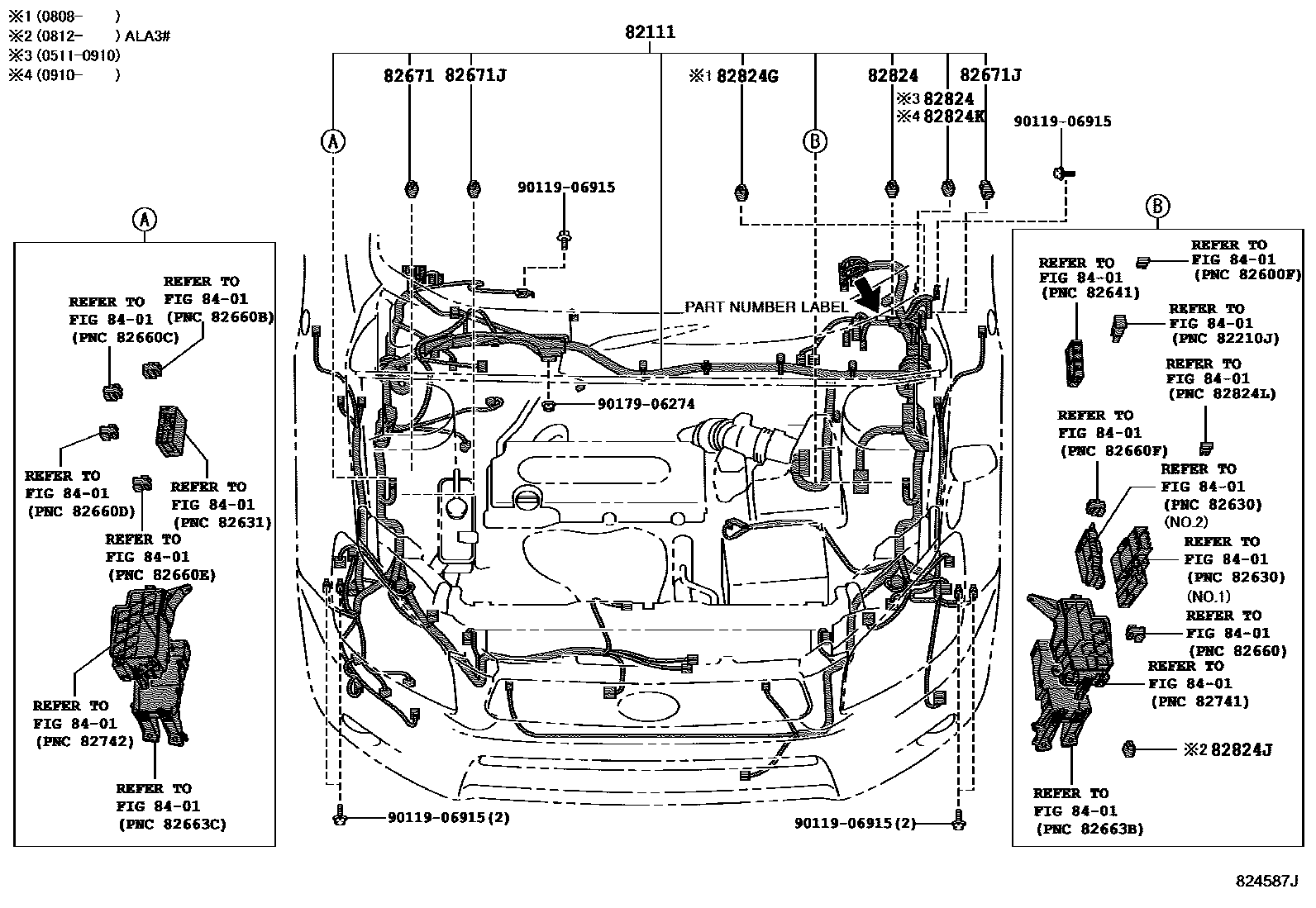 Toyota RAV4 线束和卡夹 EPC diagram — 824587J