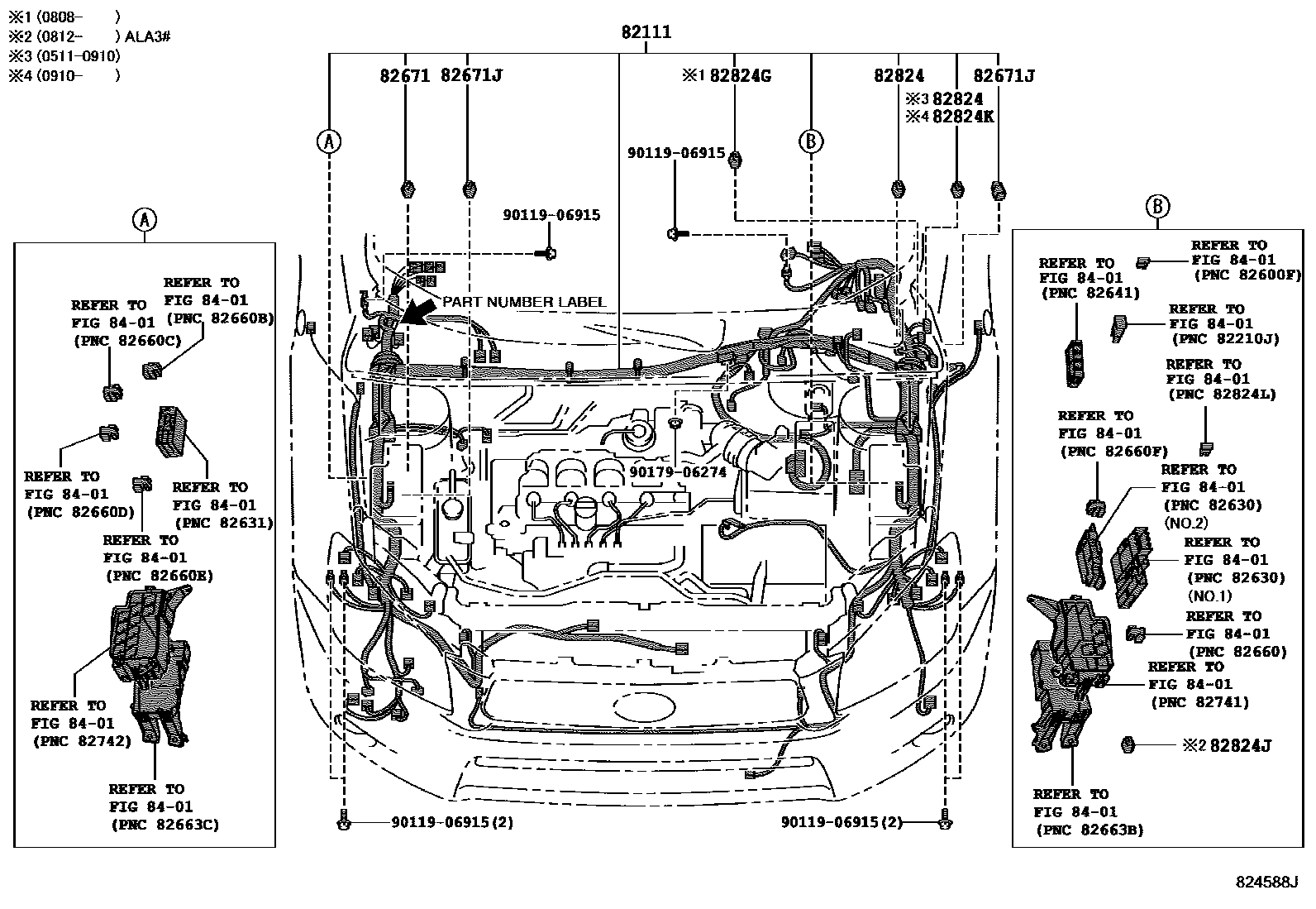 Toyota RAV4 线束和卡夹 EPC diagram — 824588J