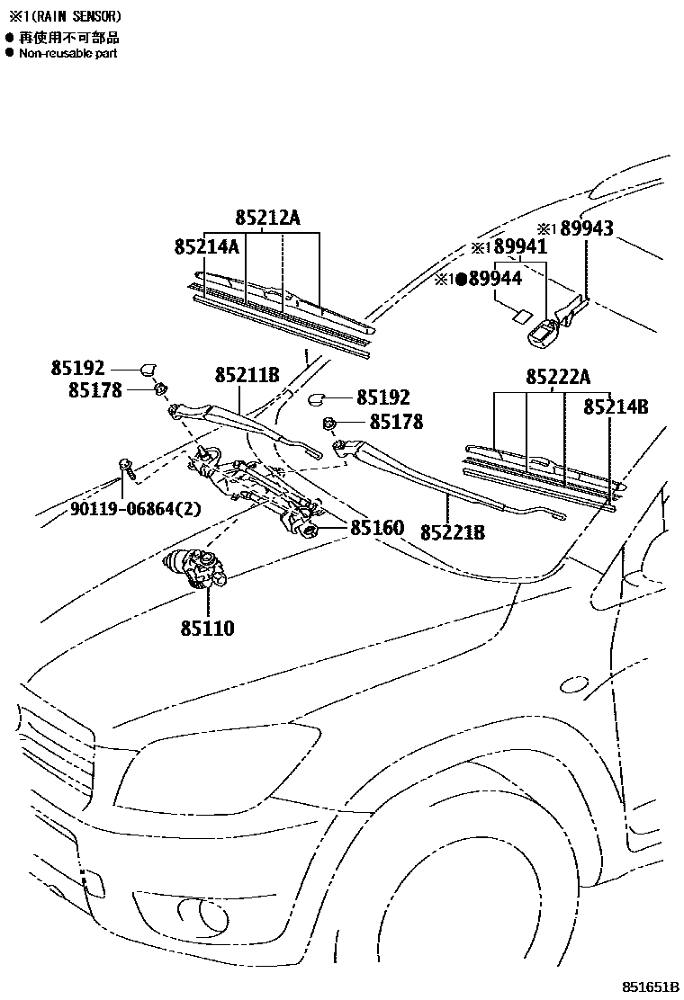 Toyota RAV4 挡风玻璃刮水器 EPC diagram — 851651B