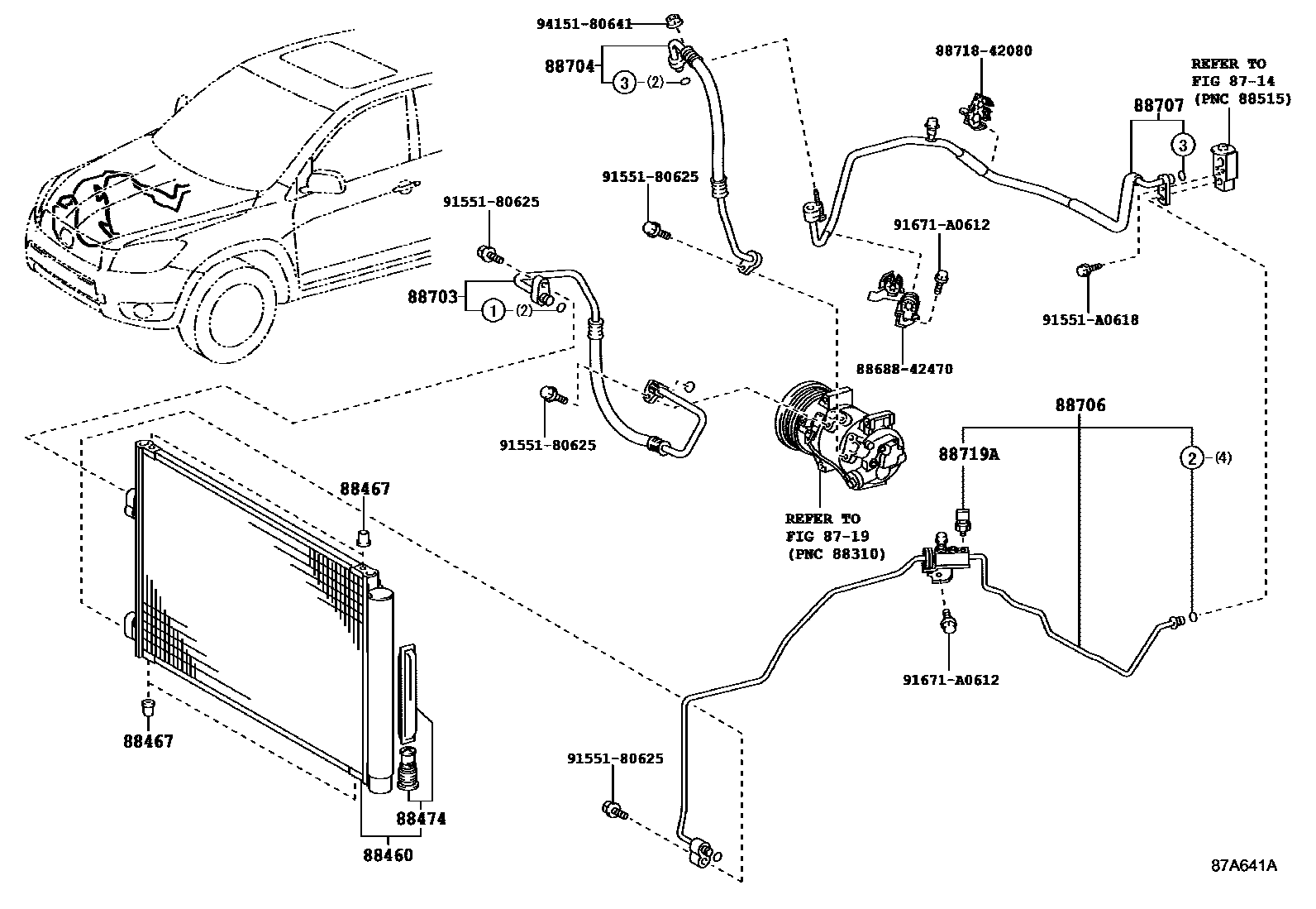 Toyota RAV4 Heating & Air Conditioning - Cooler Piping EPC diagram — 87A641A