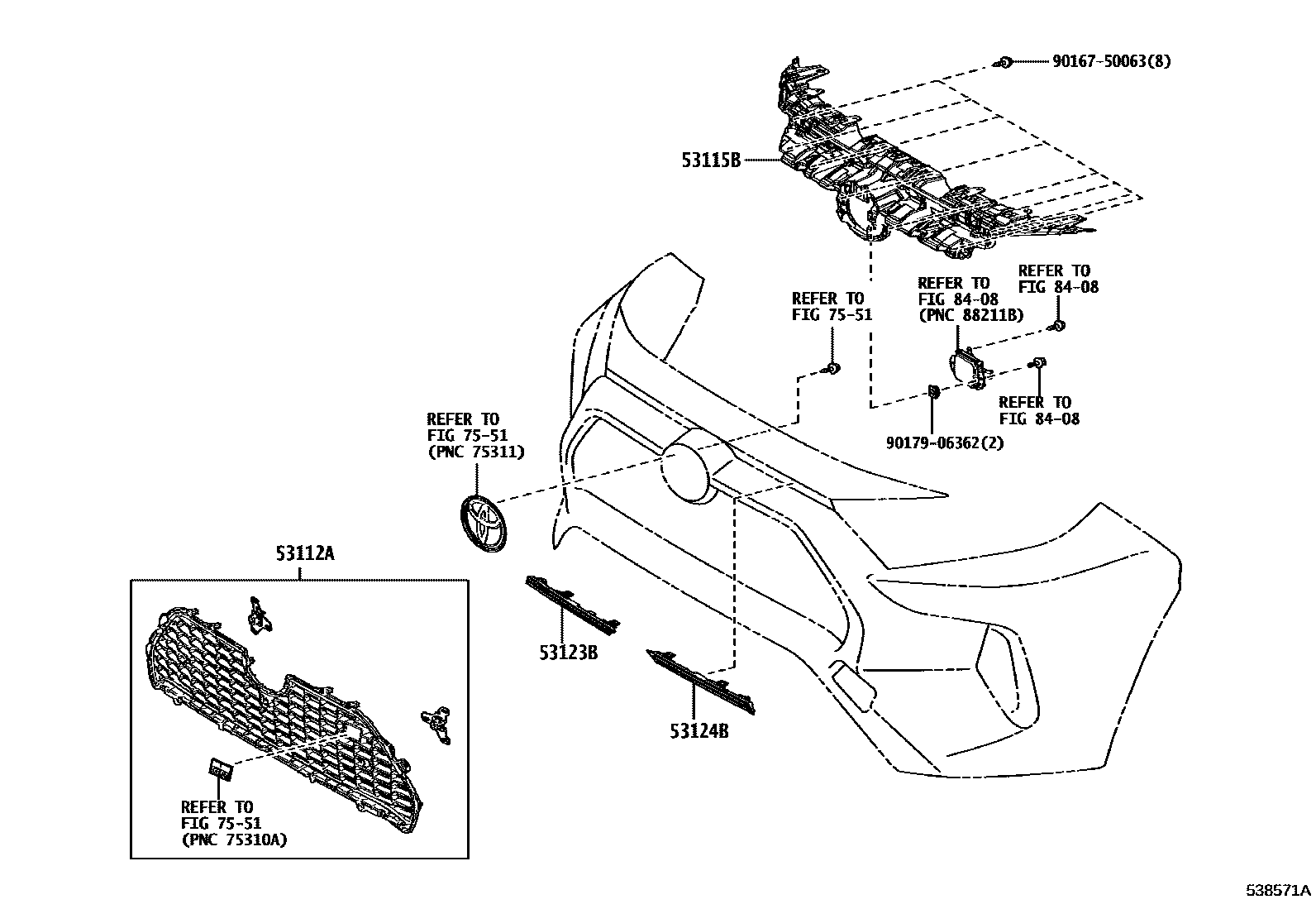 Toyota RAV4 radiator grille EPC diagram — 538571A