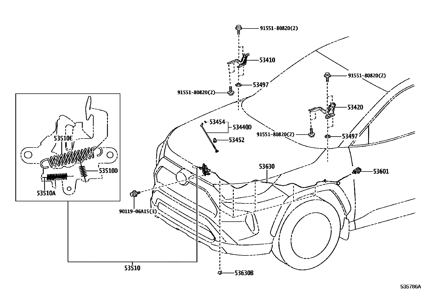 Toyota RAV4 发动机盖锁和铰链 EPC diagram — 535786A