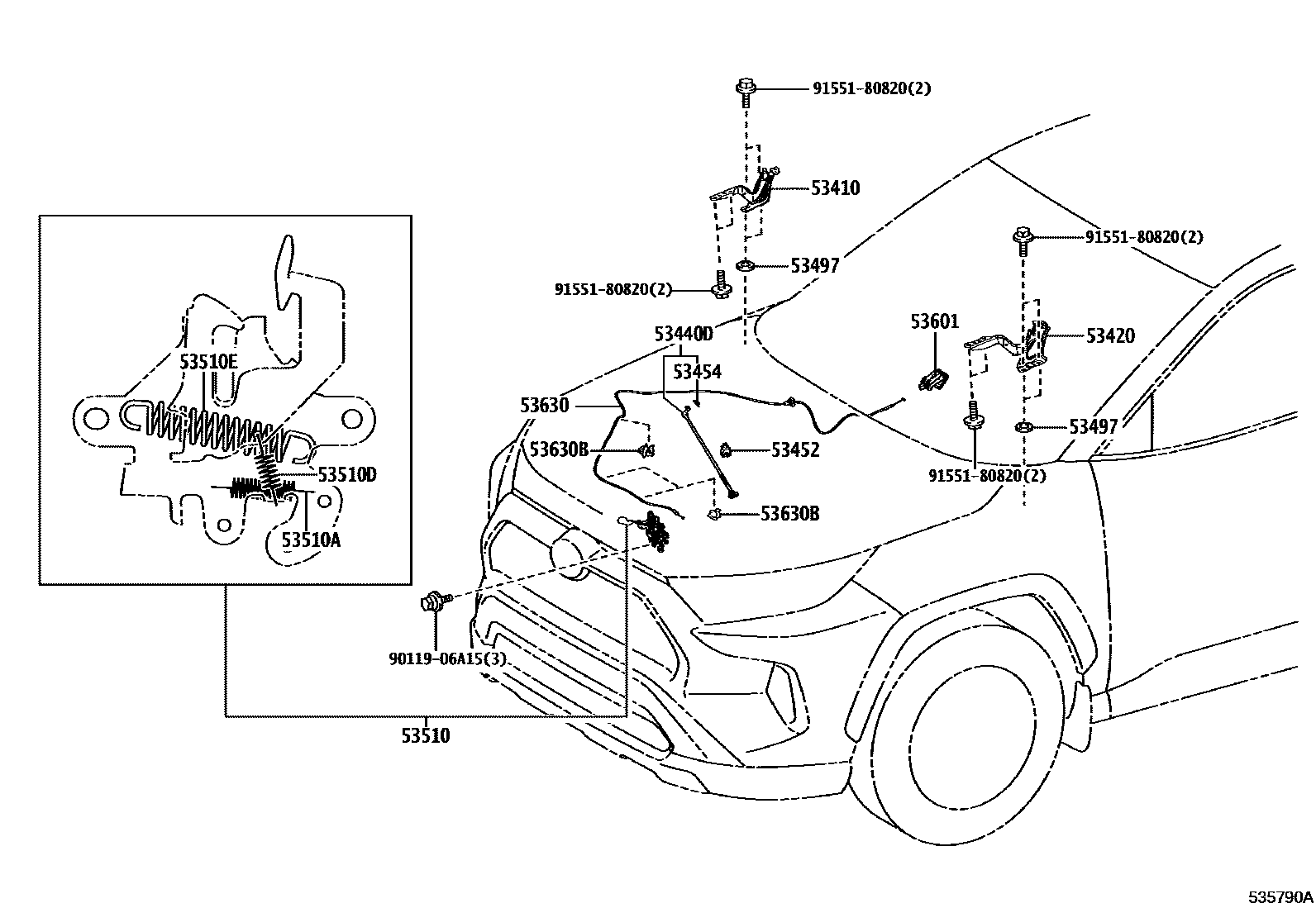 Toyota RAV4 发动机盖锁和铰链 EPC diagram — 535790A