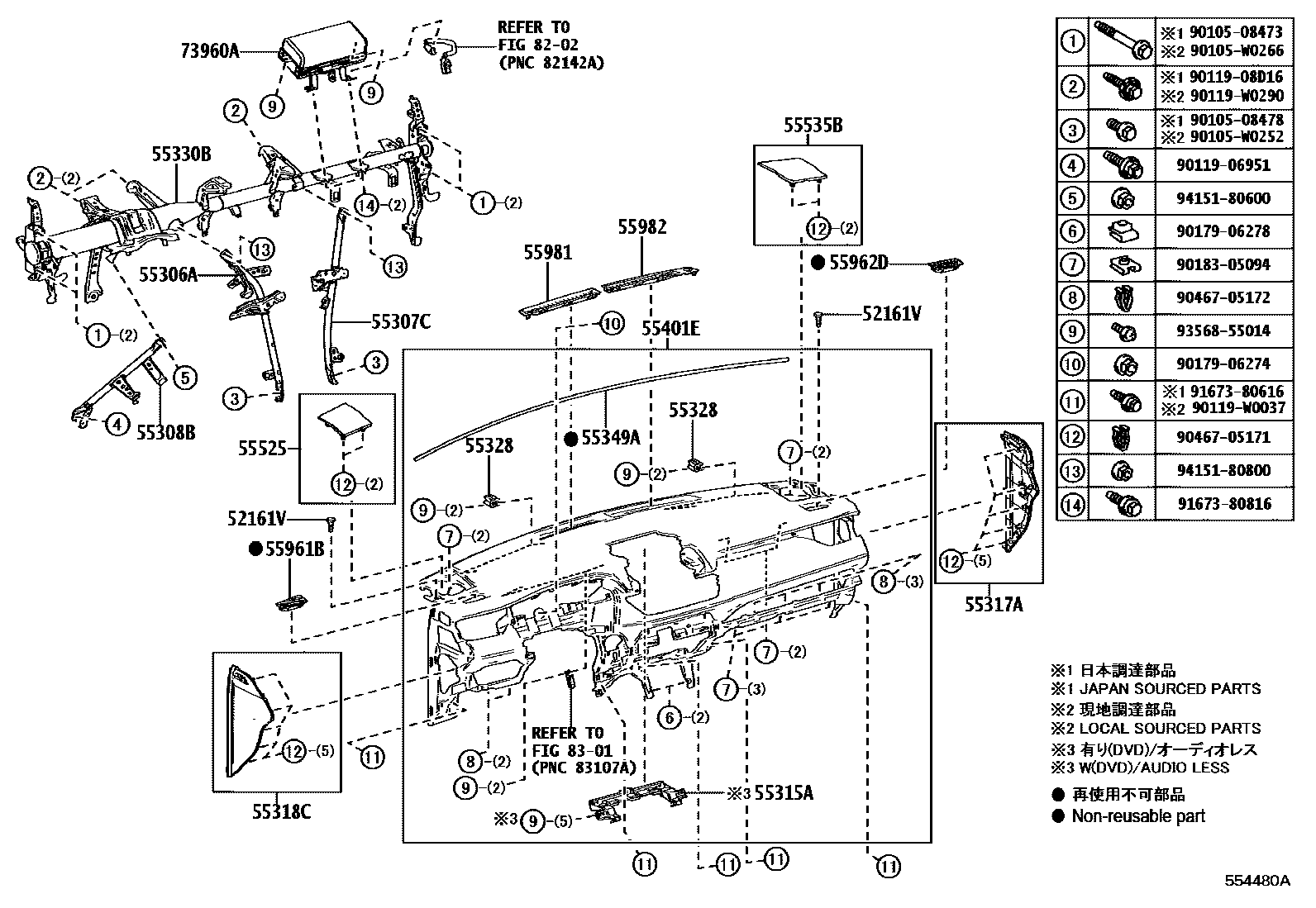 Toyota RAV4 仪表板和手套箱 EPC diagram — 554480A