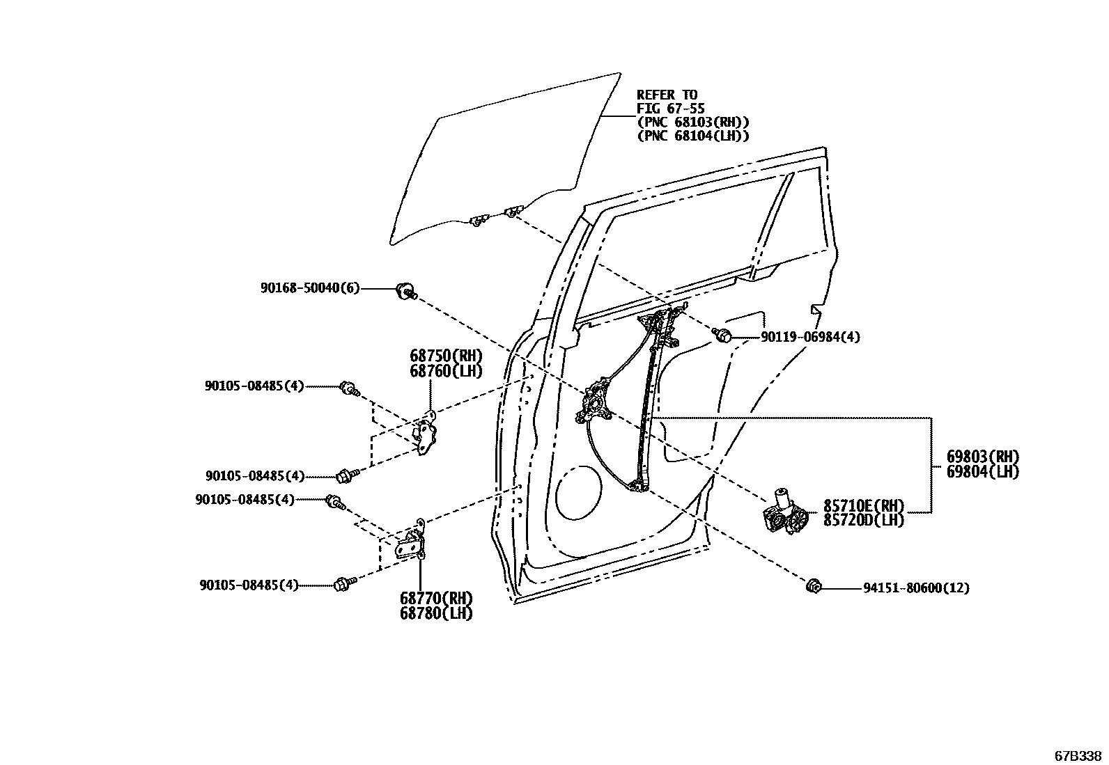 Toyota RAV4 后门车窗升降器和合页 EPC diagram — 67B338