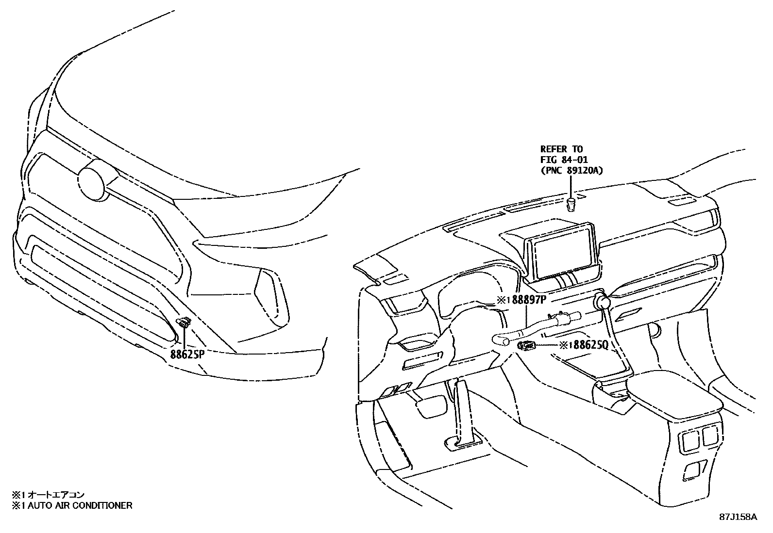 Toyota RAV4 暖风和空调系统 - 控制器和风管 EPC diagram — 87J158A